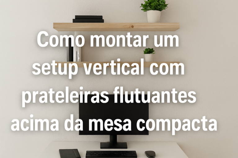 Como montar um setup vertical com prateleiras flutuantes acima da mesa compacta.