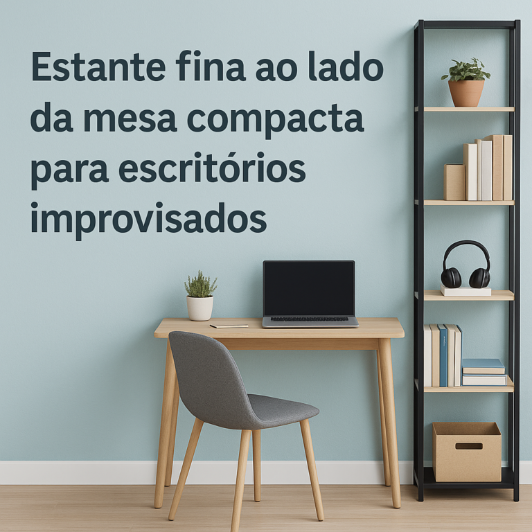 Estante fina ao lado da mesa compacta para escritórios improvisados
