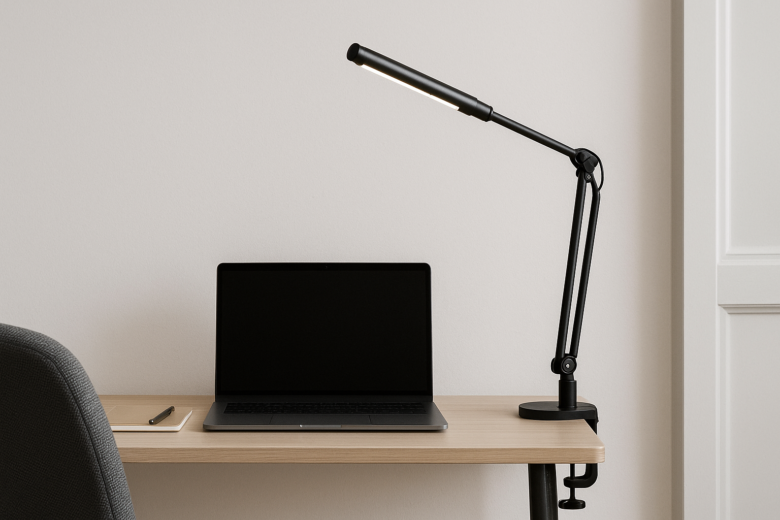 Luz de mesa articulada minimalista para quem trabalha em espaço apertado
