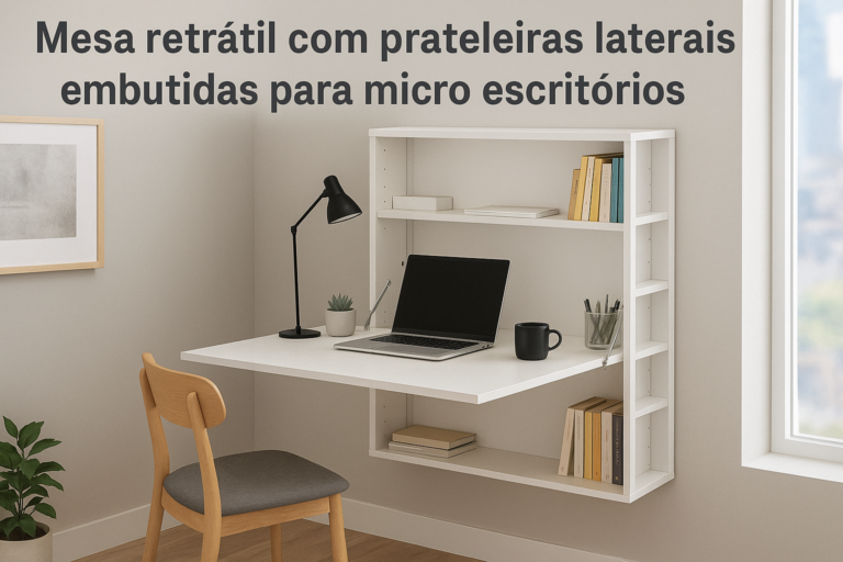 Mesa retrátil com prateleiras laterais embutidas para micro escritórios