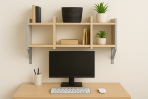 Montagem de módulos suspensos acima do monitor para home office pequeno