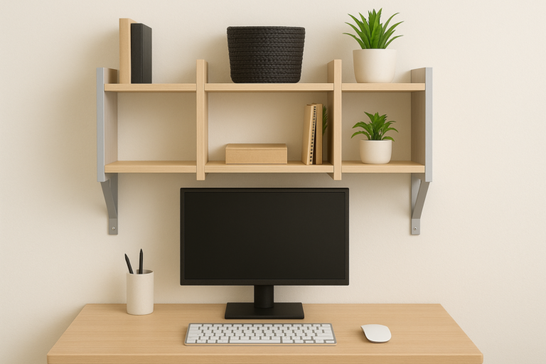 Montagem de módulos suspensos acima do monitor para home office pequeno
