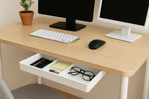 Organizador de gaveta fina transforma mesas compactas em home offices funcionais. Solução prática para inquilinos que precisam otimizar espaço sem reformas.