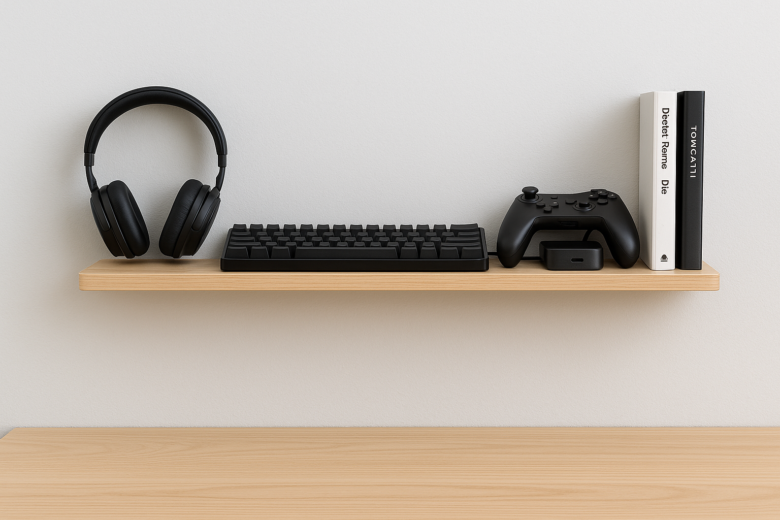 Prateleira estreita de parede para guardar periféricos de forma minimalista