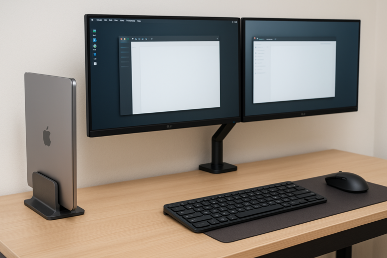 Suporte vertical para notebook em home office compacto com dois monitores